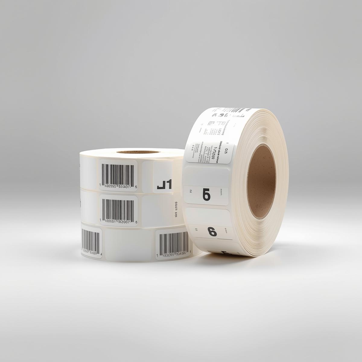 “Barcode label rolls for printers, adhesive labels, rolled and stacked, white product showcase background.” Label Rolls - Image 1