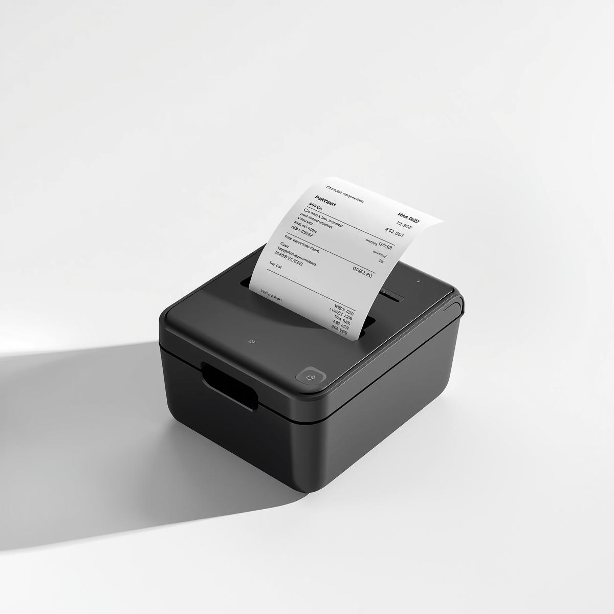 “Compact thermal receipt printer on a white background, printing bill, minimalistic modern design, soft shadows, high-resolution commercial product photo.” Thermal Printer - Image 1