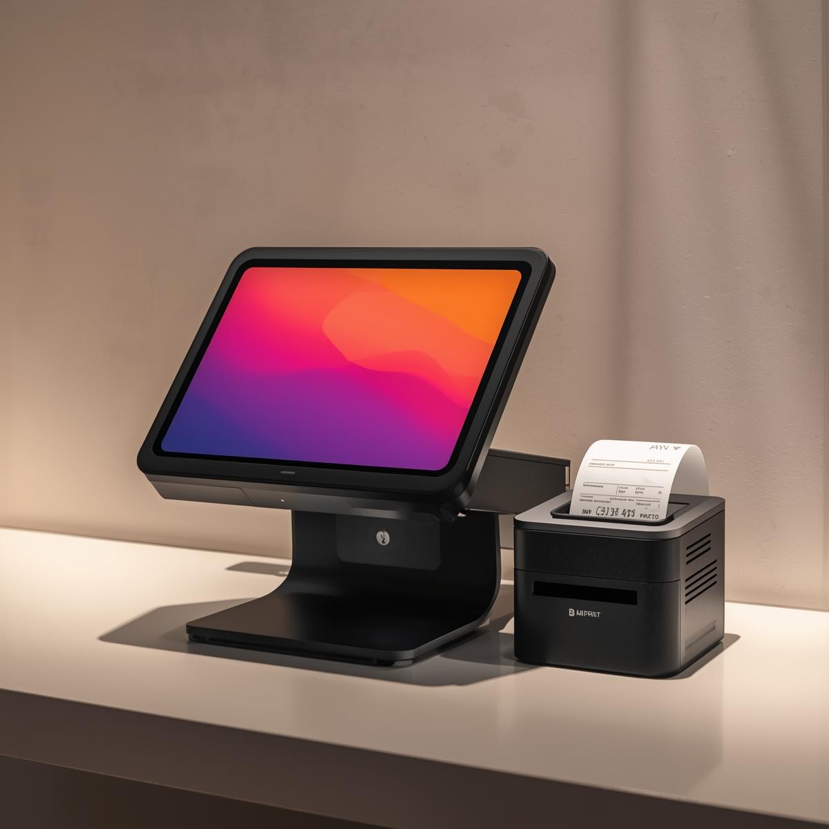 “Modern POS billing machine with touchscreen display, card reader, receipt printer, sleek black design, placed on a retail counter with soft lighting and clean background.” Point Of Sale (POS) Machine - Image 1